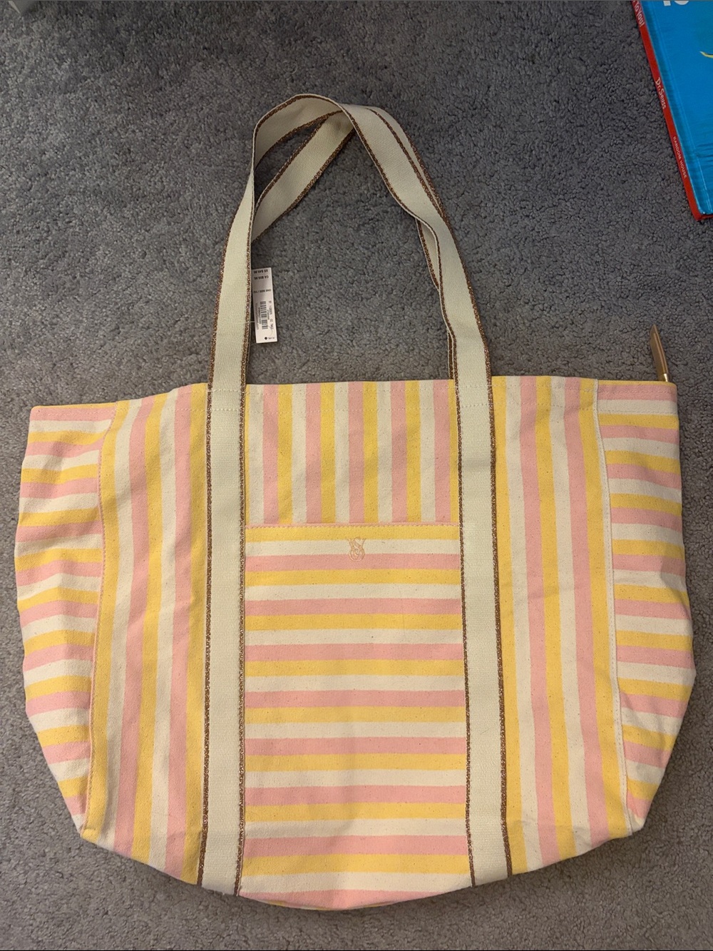 Vintage Victoria's Secret Pink and Yellow Striped Canvas Tote